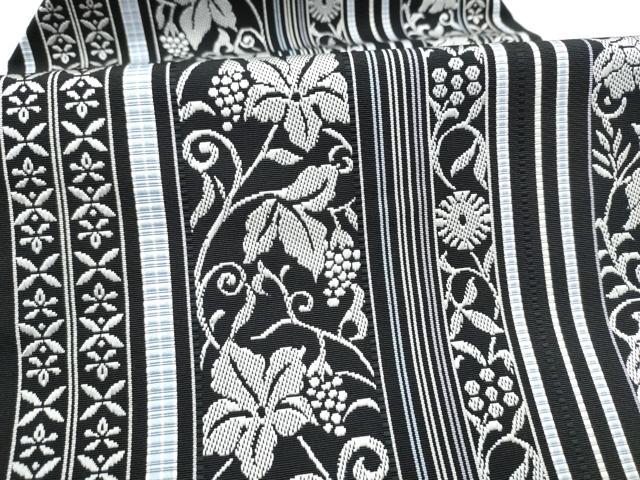 平和屋着物●本場筑前博多織　八寸名古屋帯　花唐草間道　黒地　正絹　逸品　CABL0809hy