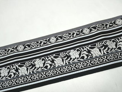 平和屋着物●本場筑前博多織　八寸名古屋帯　花唐草間道　黒地　正絹　逸品　CABL0809hy