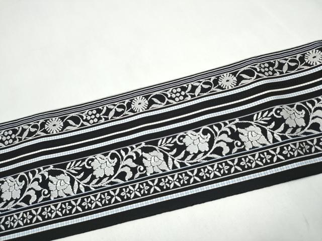 平和屋着物●本場筑前博多織　八寸名古屋帯　花唐草間道　黒地　正絹　逸品　CABL0809hy