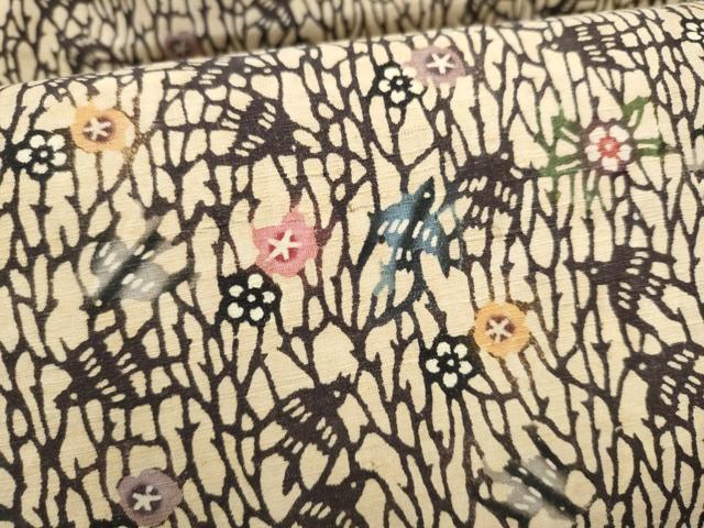 平和屋着物●全通柄　九寸名古屋帯　本場琉球紅型　紬地　花鳥文　正絹　逸品　CABL0813hy