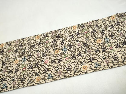 平和屋着物●全通柄　九寸名古屋帯　本場琉球紅型　紬地　花鳥文　正絹　逸品　CABL0813hy