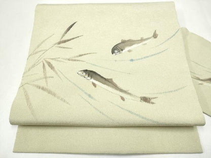 平和屋着物●九寸名古屋帯　手描き　魚　鬼しぼ縮緬　正絹　逸品　CABL0816hy