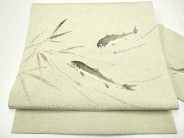 平和屋着物●九寸名古屋帯　手描き　魚　鬼しぼ縮緬　正絹　逸品　CABL0816hy