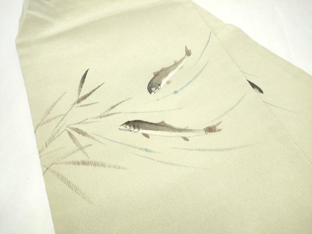 平和屋着物●九寸名古屋帯　手描き　魚　鬼しぼ縮緬　正絹　逸品　CABL0816hy