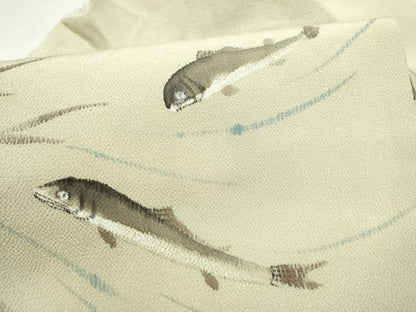 平和屋着物●九寸名古屋帯　手描き　魚　鬼しぼ縮緬　正絹　逸品　CABL0816hy