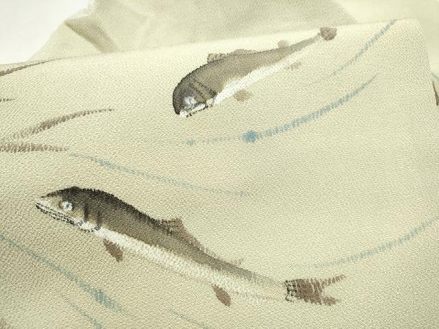 平和屋着物●九寸名古屋帯　手描き　魚　鬼しぼ縮緬　正絹　逸品　CABL0816hy