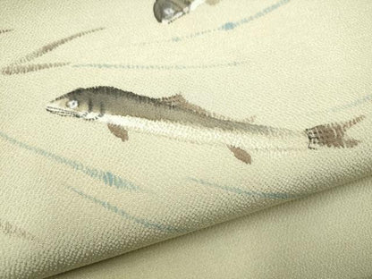平和屋着物●九寸名古屋帯　手描き　魚　鬼しぼ縮緬　正絹　逸品　CABL0816hy