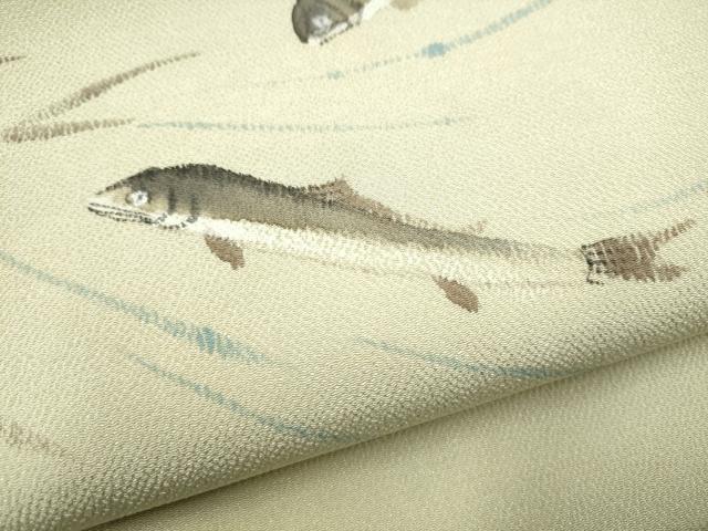 平和屋着物●九寸名古屋帯　手描き　魚　鬼しぼ縮緬　正絹　逸品　CABL0816hy