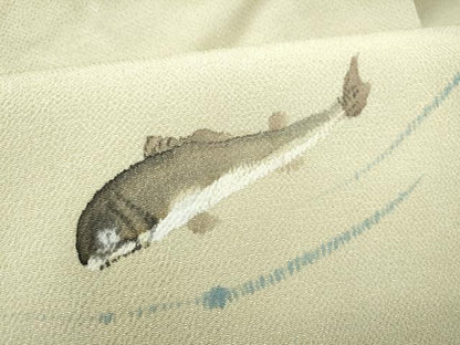 平和屋着物●九寸名古屋帯　手描き　魚　鬼しぼ縮緬　正絹　逸品　CABL0816hy