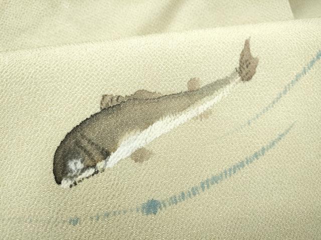 平和屋着物●九寸名古屋帯　手描き　魚　鬼しぼ縮緬　正絹　逸品　CABL0816hy
