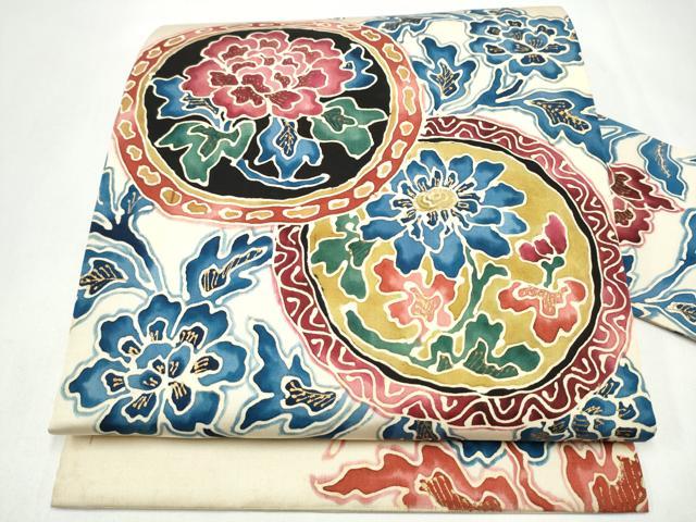 平和屋着物●アンティーク　大正ロマン　九寸名古屋帯　ろうけつ染　絵皿花文　金彩　正絹　逸品　CABL0817hy