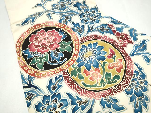 平和屋着物●アンティーク　大正ロマン　九寸名古屋帯　ろうけつ染　絵皿花文　金彩　正絹　逸品　CABL0817hy