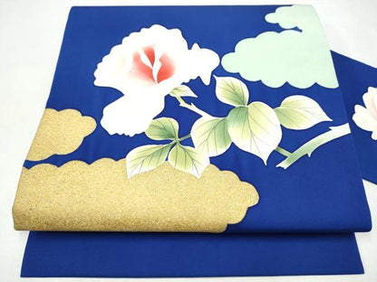 平和屋着物●塩瀬　九寸名古屋帯　手描き　枝椿　金彩　正絹　逸品　CABL0823hy