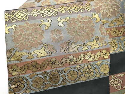 平和屋着物●西陣　川島織物　九寸名古屋帯　花唐草文　黒地　金糸　正絹　逸品　CABL0824hy