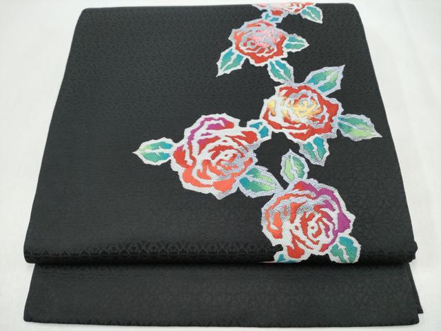 平和屋着物●九寸開き名古屋帯　薔薇　黒地　正絹　逸品　CABL0829hy