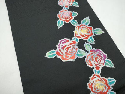 平和屋着物●九寸開き名古屋帯　薔薇　黒地　正絹　逸品　CABL0829hy
