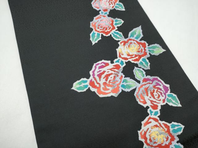 平和屋着物●九寸開き名古屋帯　薔薇　黒地　正絹　逸品　CABL0829hy
