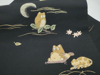 平和屋着物●九寸名古屋帯　兎　猫　狸　黒地　金銀糸　正絹　逸品　CABL0833hy