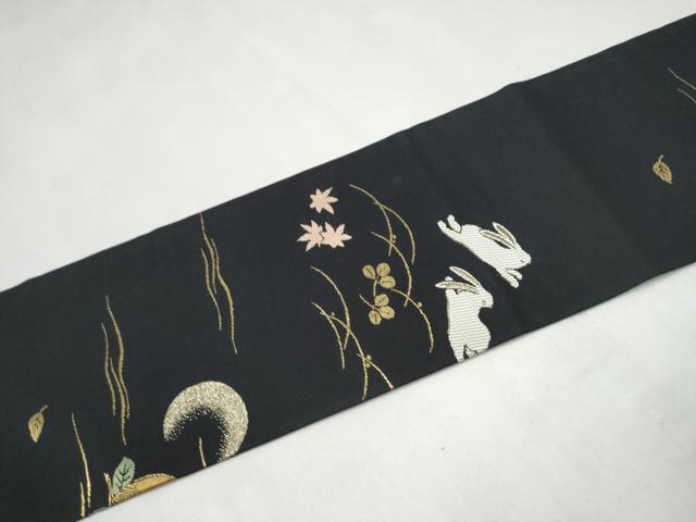 平和屋着物●九寸名古屋帯　兎　猫　狸　黒地　金銀糸　正絹　逸品　CABL0833hy