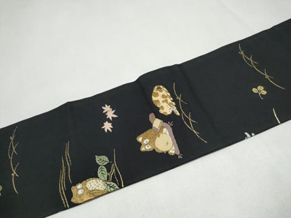 平和屋着物●九寸名古屋帯　兎　猫　狸　黒地　金銀糸　正絹　逸品　CABL0833hy