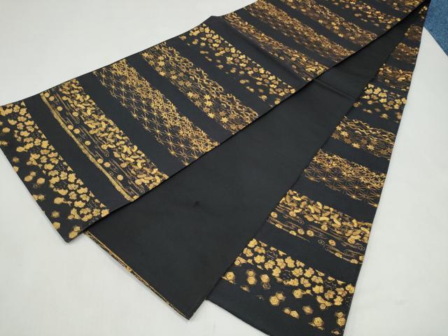 平和屋着物●全通柄　本袋帯　横段吉祥花文　黒地　金糸　正絹　逸品　CABL0844hy