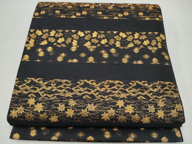 平和屋着物●全通柄　本袋帯　横段吉祥花文　黒地　金糸　正絹　逸品　CABL0844hy