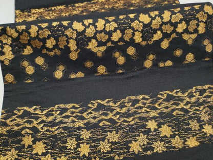 平和屋着物●全通柄　本袋帯　横段吉祥花文　黒地　金糸　正絹　逸品　CABL0844hy