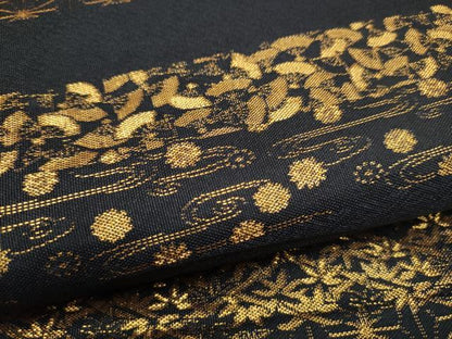 平和屋着物●全通柄　本袋帯　横段吉祥花文　黒地　金糸　正絹　逸品　CABL0844hy