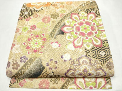 平和屋着物●六通柄袋帯　正倉院花文　金糸　正絹　逸品　CABL0863hy
