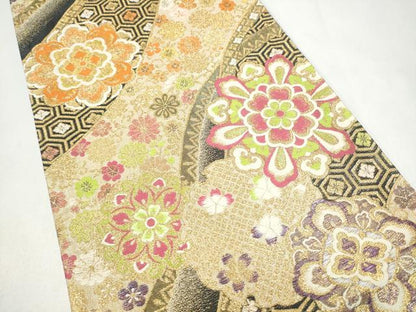 平和屋着物●六通柄袋帯　正倉院花文　金糸　正絹　逸品　CABL0863hy