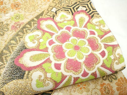 平和屋着物●六通柄袋帯　正倉院花文　金糸　正絹　逸品　CABL0863hy