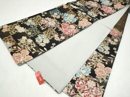 平和屋着物●六通柄袋帯　市松舞桜文　金糸　正絹　逸品　CABL0867hy