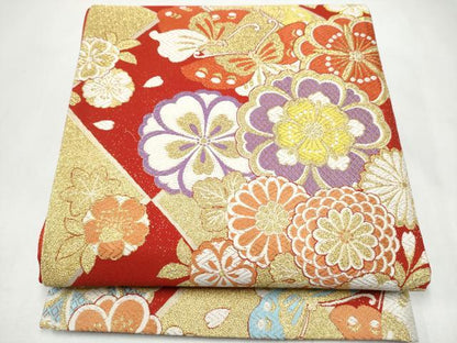 平和屋着物●六通柄袋帯　唐織　花蝶文　金糸　正絹　逸品　CABL0881hy