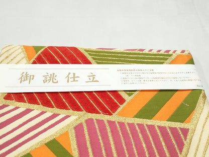 平和屋着物●六通柄袋帯　幾何学文様　金糸　証紙付き　正絹　逸品　CABL0884hy