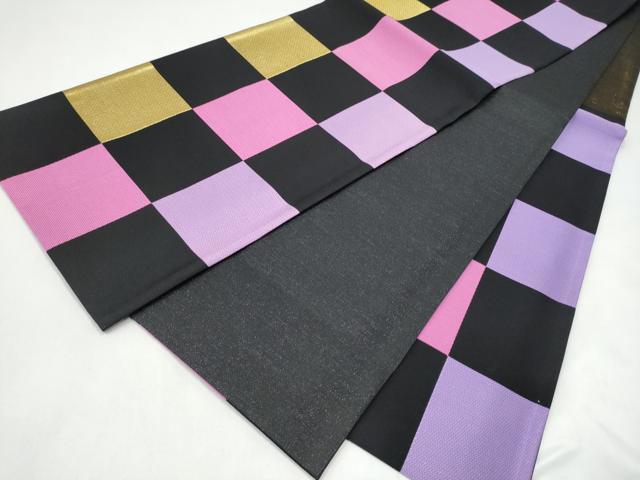 平和屋着物●六通柄袋帯　市松文様　黒地　金糸　正絹　逸品　CABL0886hy