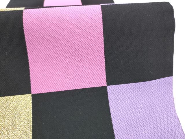 平和屋着物●六通柄袋帯　市松文様　黒地　金糸　正絹　逸品　CABL0886hy