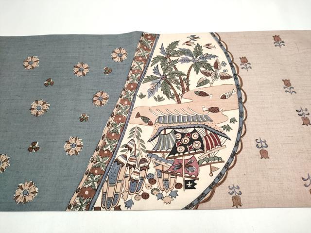 平和屋着物●太鼓柄袋帯　紬地　魚　風景文　正絹　逸品　CABL0893hy