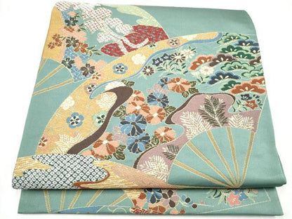 平和屋着物●西陣　白綾苑大庭　六通柄袋帯　扇面草花文　金糸　正絹　逸品　CABL0900hy