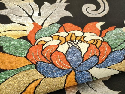 平和屋着物●龍村美術織物　龍村製　六通柄　本袋帯　菊唐草錦　黒地　金銀糸　正絹　逸品　CABL0906hy