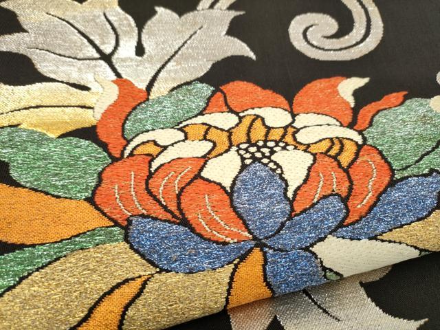 平和屋着物●龍村美術織物　龍村製　六通柄　本袋帯　菊唐草錦　黒地　金銀糸　正絹　逸品　CABL0906hy