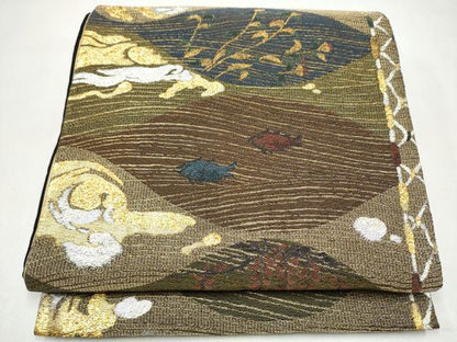 平和屋着物●六通柄袋帯　魚　枝花文　金銀糸　正絹　逸品　CABL0912hy