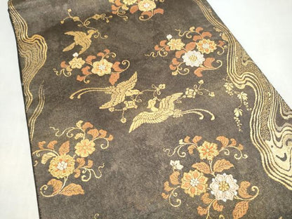 平和屋着物●銀座きしや　六通柄袋帯　黒金杢地花鳥流水　金糸　共箱・たとう紙付き　正絹　逸品　CABL0913hy