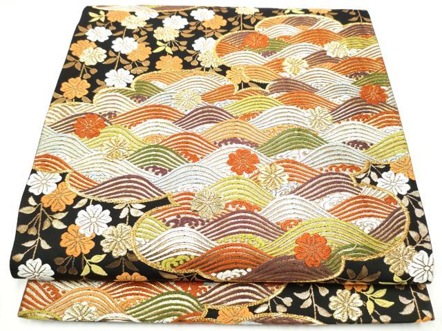 平和屋着物●西陣　河合美術織物謹製　六通柄袋帯　唐織　雲取り流水花文　黒地　金糸　正絹　逸品　CABL0947hy