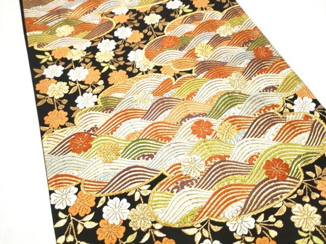 平和屋着物●西陣　河合美術織物謹製　六通柄袋帯　唐織　雲取り流水花文　黒地　金糸　正絹　逸品　CABL0947hy