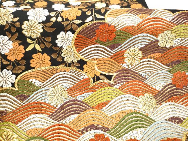 平和屋着物●西陣　河合美術織物謹製　六通柄袋帯　唐織　雲取り流水花文　黒地　金糸　正絹　逸品　CABL0947hy