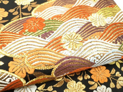 平和屋着物●西陣　河合美術織物謹製　六通柄袋帯　唐織　雲取り流水花文　黒地　金糸　正絹　逸品　CABL0947hy