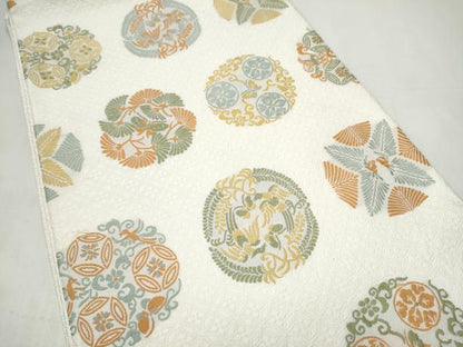 平和屋着物▽六通柄袋帯　スリーシーズン　春夏秋　手織　花蝶丸文　正絹　逸品　CABL0952hy