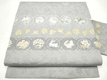 平和屋着物●九寸名古屋帯　横段動物花文　正絹　逸品　CABL0974hy