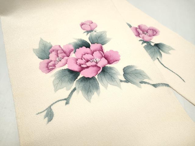 平和屋着物●九寸名古屋帯　手描き　枝牡丹　鬼しぼ縮緬　正絹　逸品　CABL0975hy