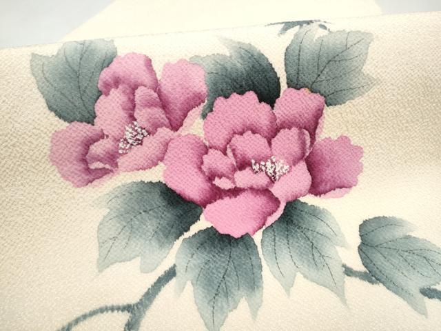 平和屋着物●九寸名古屋帯　手描き　枝牡丹　鬼しぼ縮緬　正絹　逸品　CABL0975hy